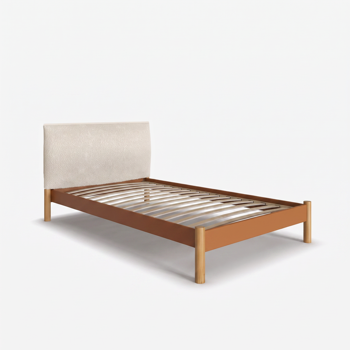 Cozmo Sofas - Cozy Bed - Single - Tan Vegan Leather Frame - Ecru Boucle Headboard - Natural Legs - Rear view