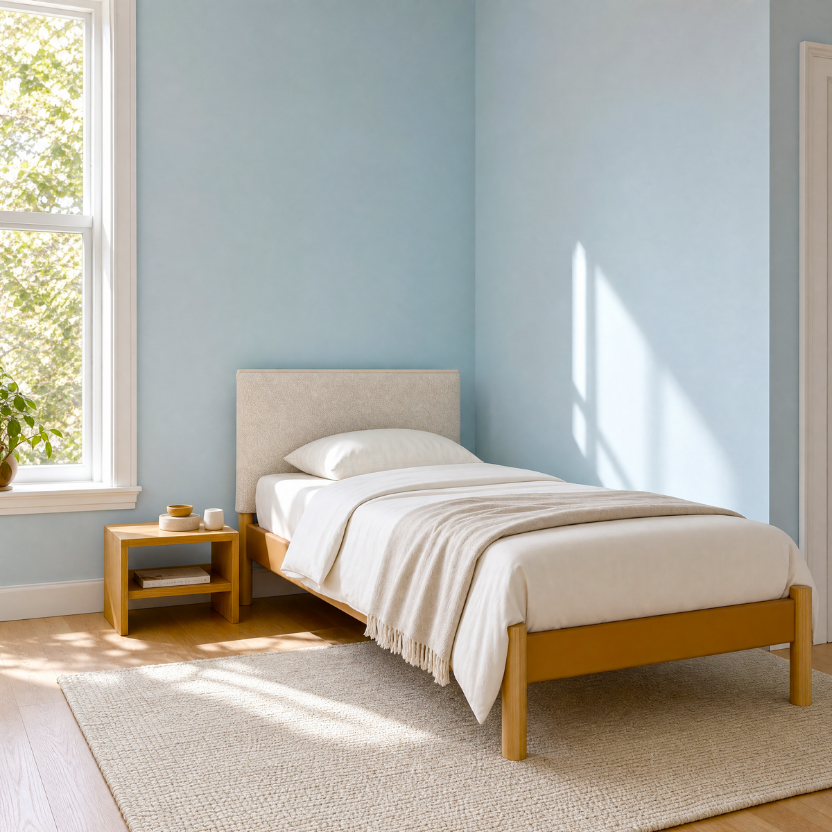 Cozmo Sofas - Cozy Bed - Single - Tan Vegan Leather Frame - Ecru Boucle Headboard - Natural Legs - Lifestyle view