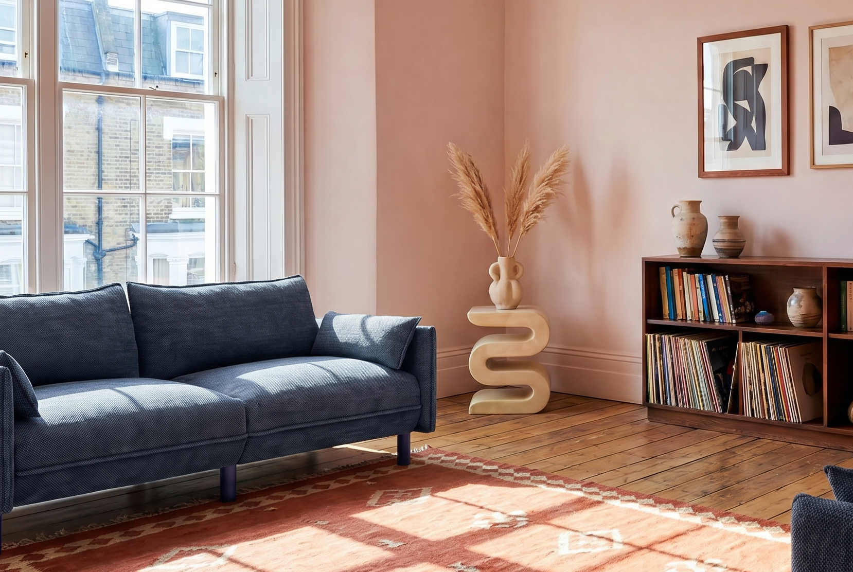 Cozmo Sofas - Cozy 3 Seater Sofa - Blue & Brown Textured Weave - Natural Legs - Rear view