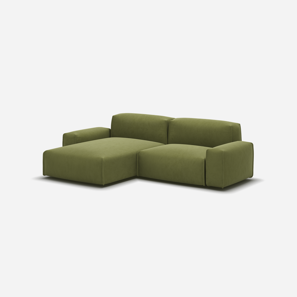 Float 3 Seater LH Chaise Sofa Dark Green Velvet Natural Trim