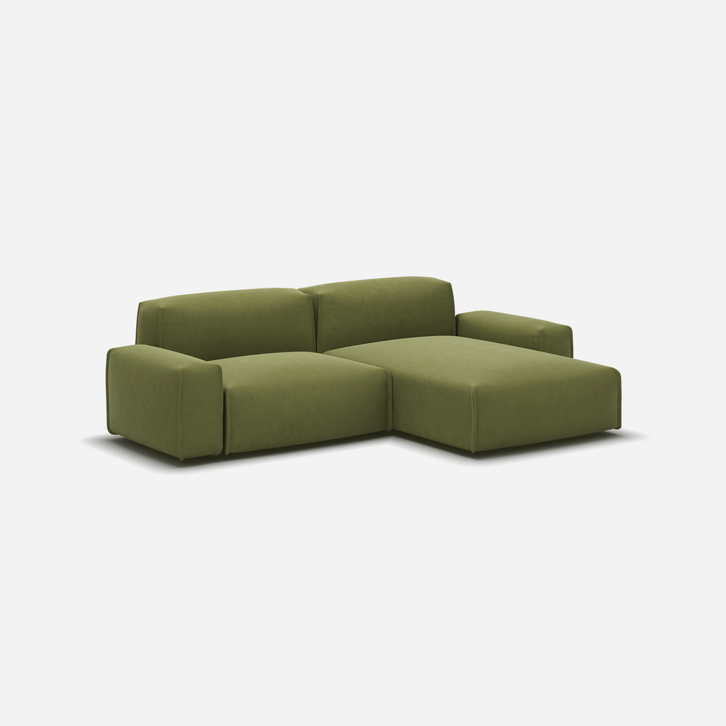 Float 3 Seater RH Chaise Sofa Dark Green Velvet Natural Trim