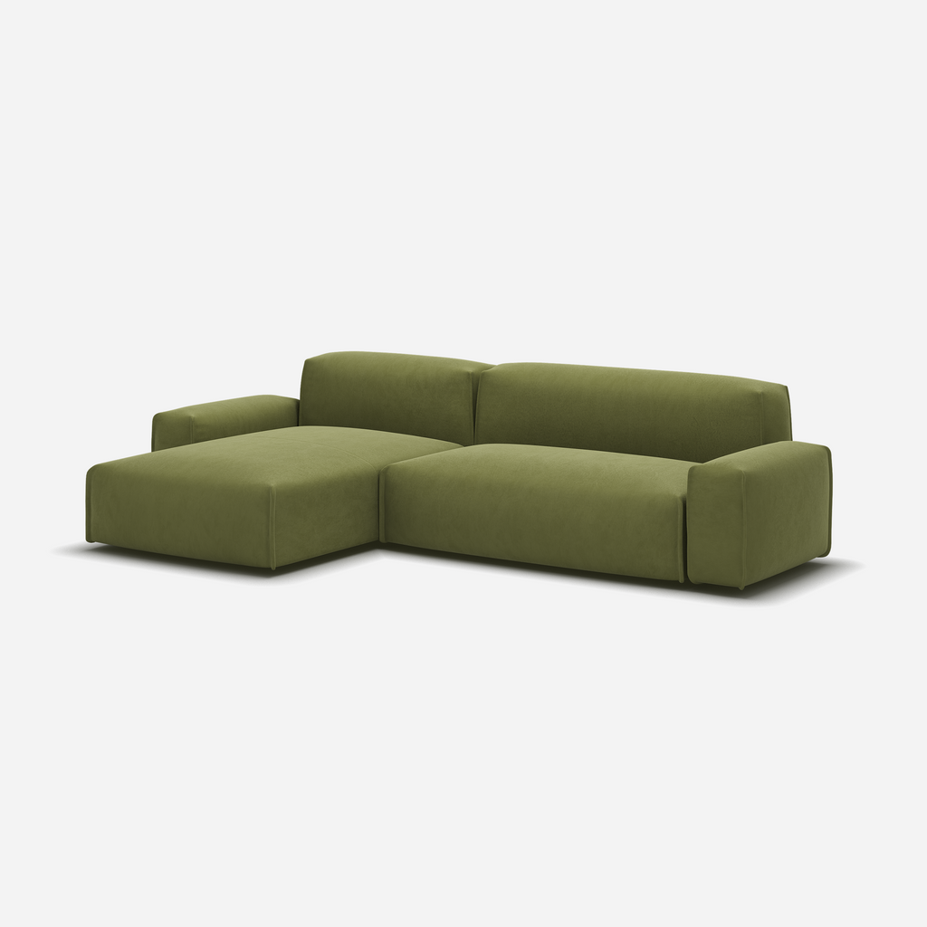 Float 4 Seater LH Chaise Sofa Dark Green Velvet Natural Trim