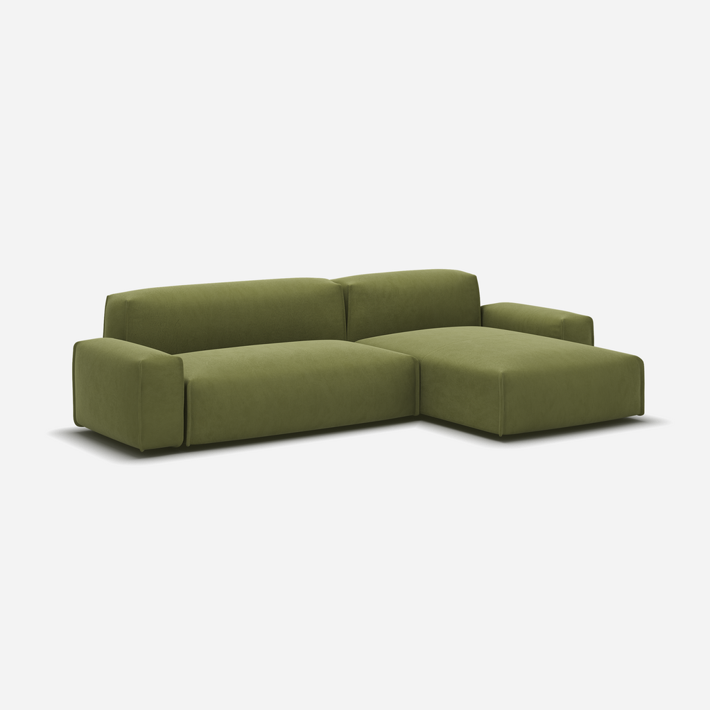 Float 4 Seater RH Chaise Sofa Dark Green Velvet Natural Trim
