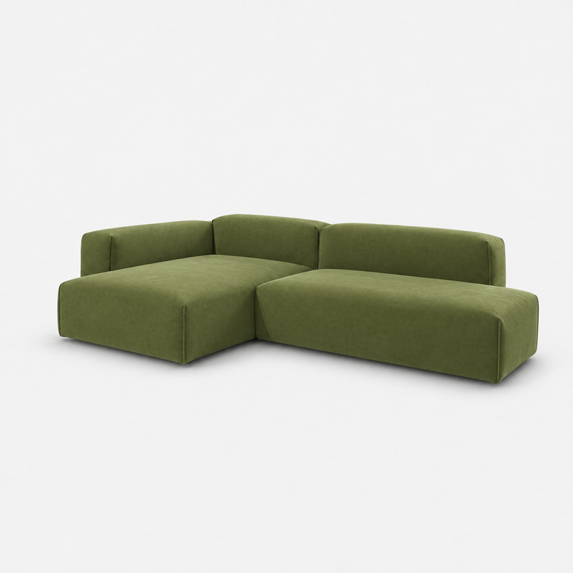 Float 4 Seater Open Chaise Sofa - Dark Green Velvet, Left Hand - 3/4 view