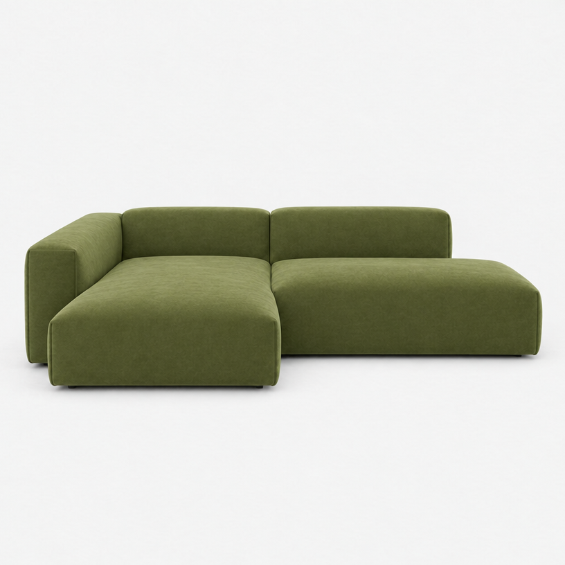 Float 4 Seater Open Chaise Sofa - Dark Green Velvet, Left Hand - front