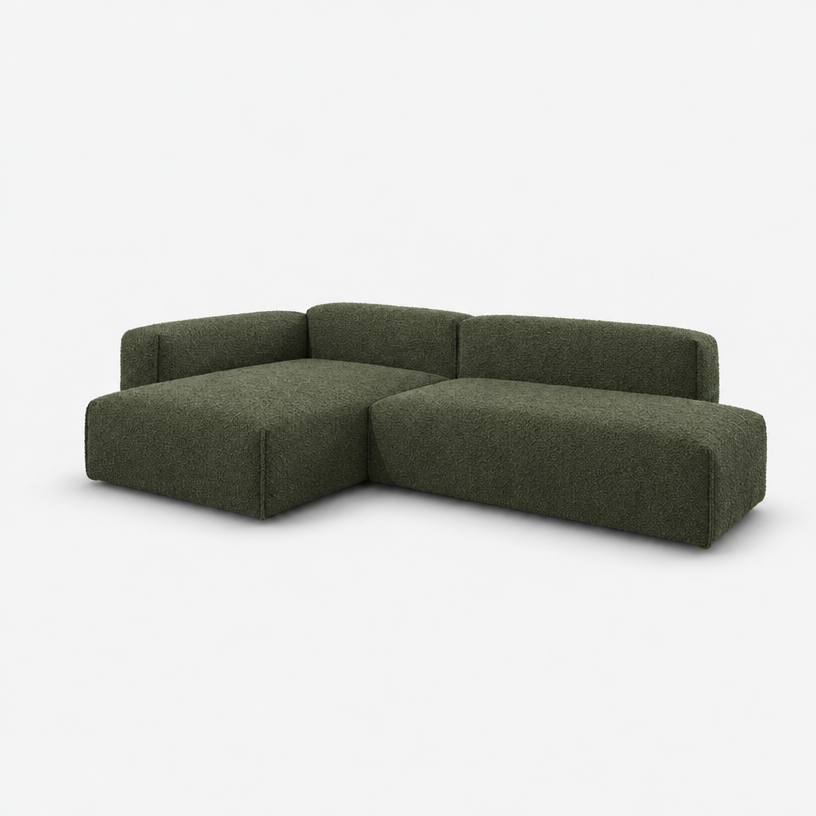Float 4 Seater Open Chaise Sofa - Green Boucle II, Left Hand - 3/4 view