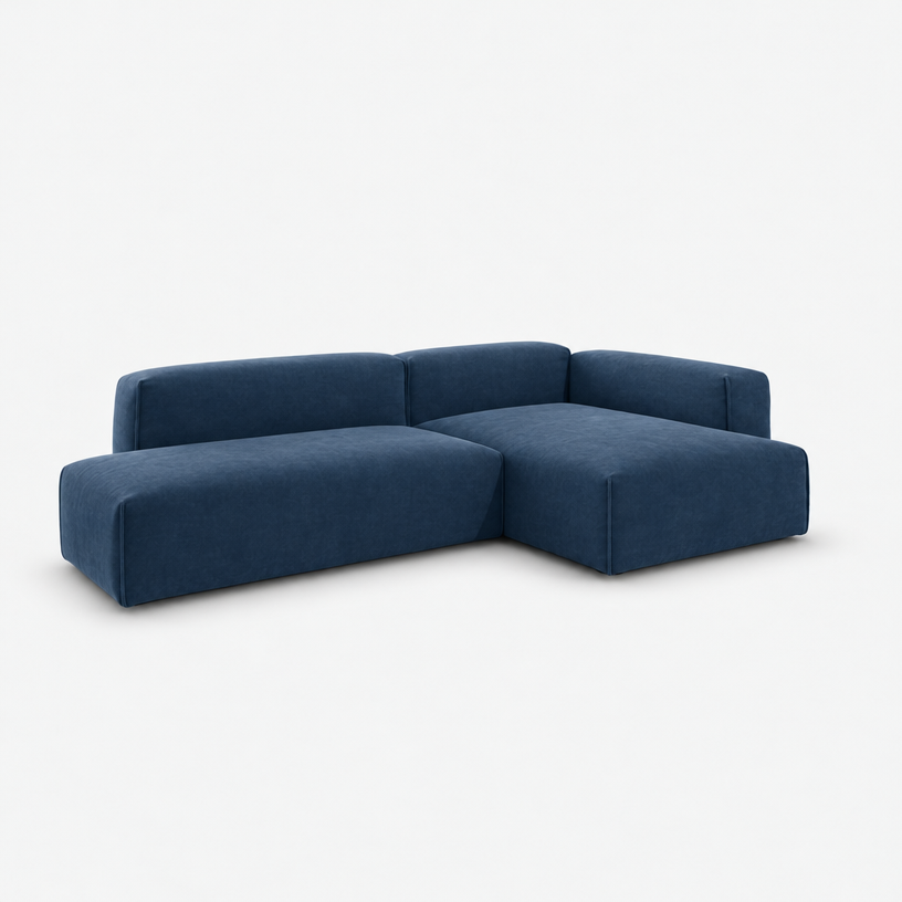 Float 4 Seater Open Chaise Sofa - Midnight Blue Velvet, Right Hand - 3/4 view