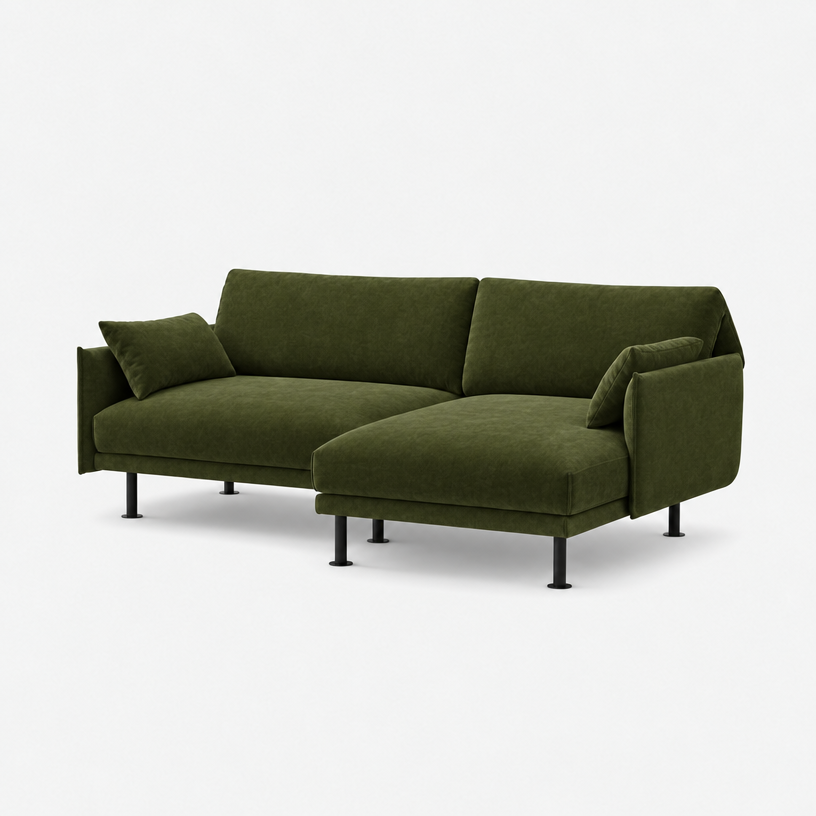 Rest 3 Seater Chaise Sofa - Dark Green Velvet, Black Legs, Right Hand - 3/4 view