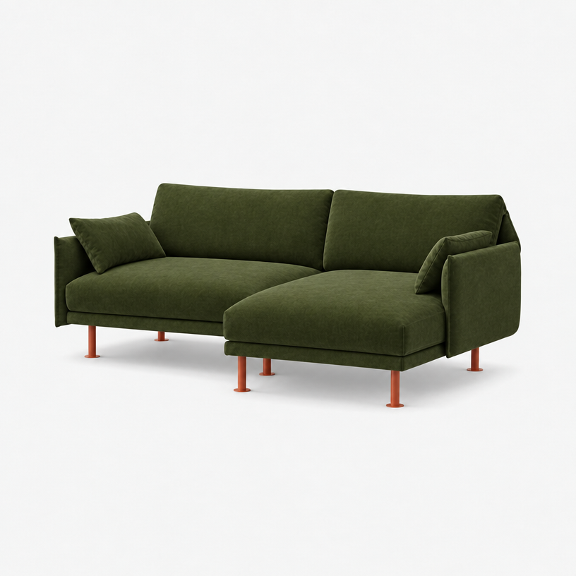 Rest 3 Seater Chaise Sofa - Dark Green Velvet, Brick Legs, Right Hand - 3/4 view