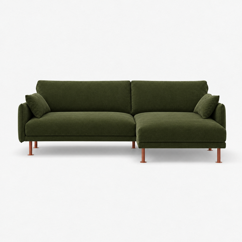 Rest 3 Seater Chaise Sofa - Dark Green Velvet, Brick Legs, Right Hand - front