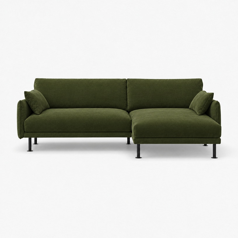 Rest 3 Seater Chaise Sofa - Dark Green Velvet, Black Legs, Right Hand - front