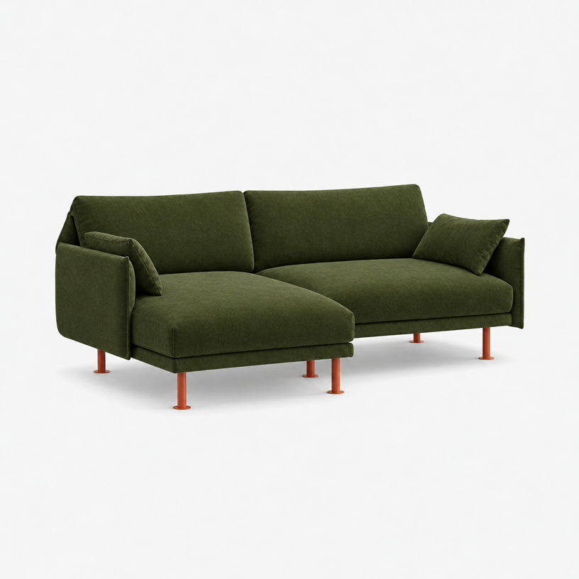 Rest 3 Seater Chaise Sofa - Dark Green Velvet, Brick Legs, Left Hand - 3/4 view