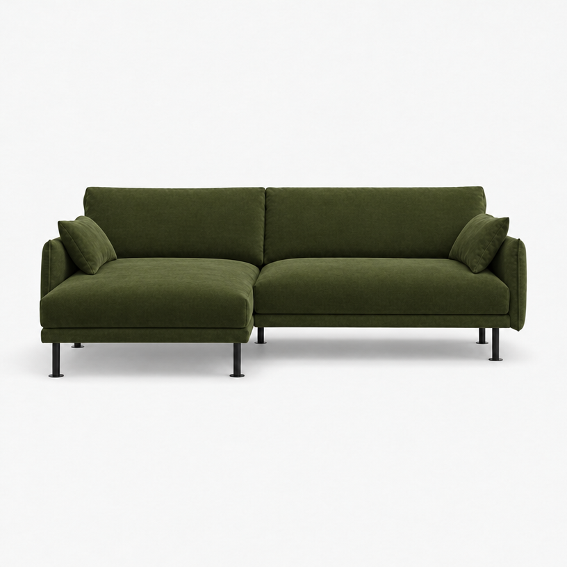 Rest 3 Seater Chaise Sofa - Dark Green Velvet, Black Legs, Left Hand - front