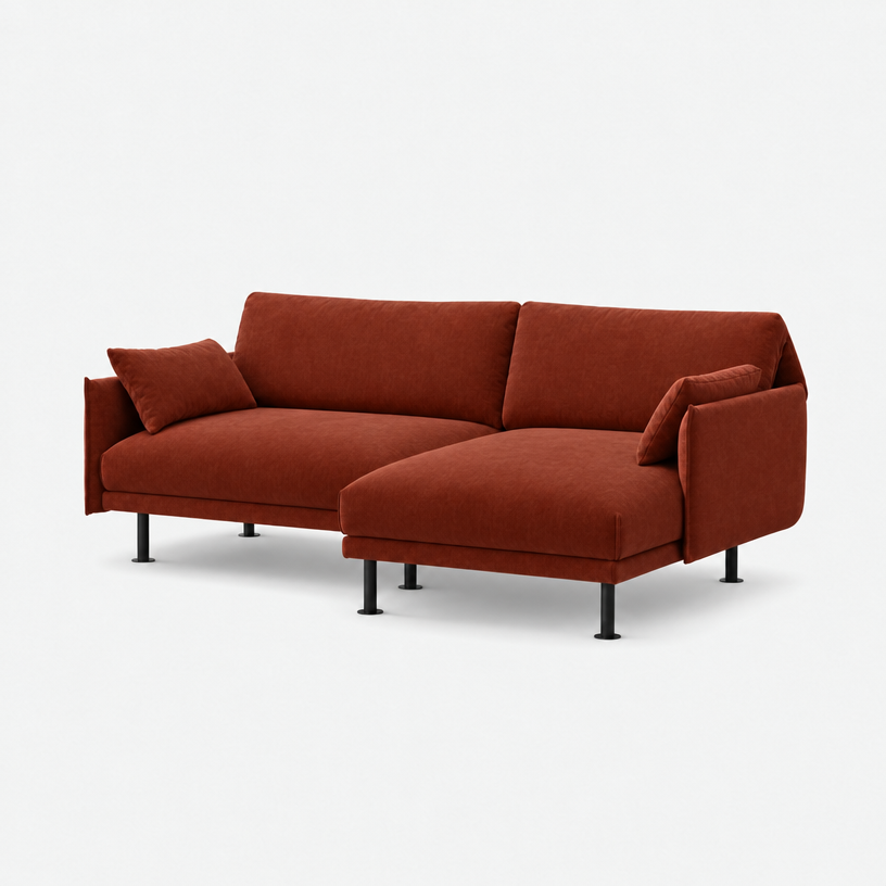 Rest 3 Seater Chaise Sofa - Rust Velvet, Black Legs, Right Hand - 3/4 view