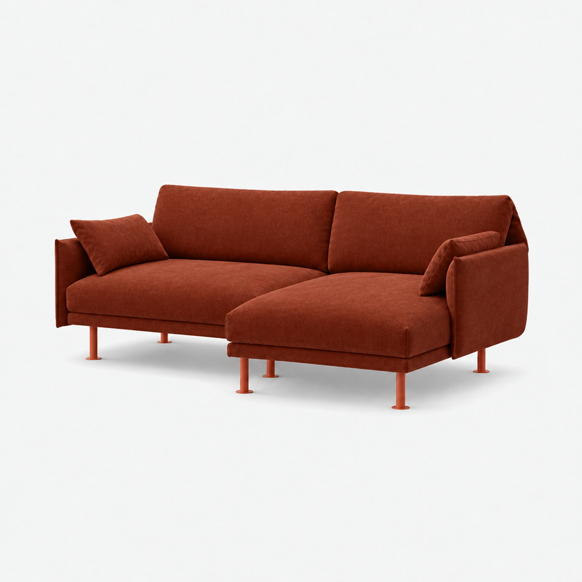 Rest 3 Seater Chaise Sofa - Rust Velvet, Brick Legs, Right Hand - 3/4 view