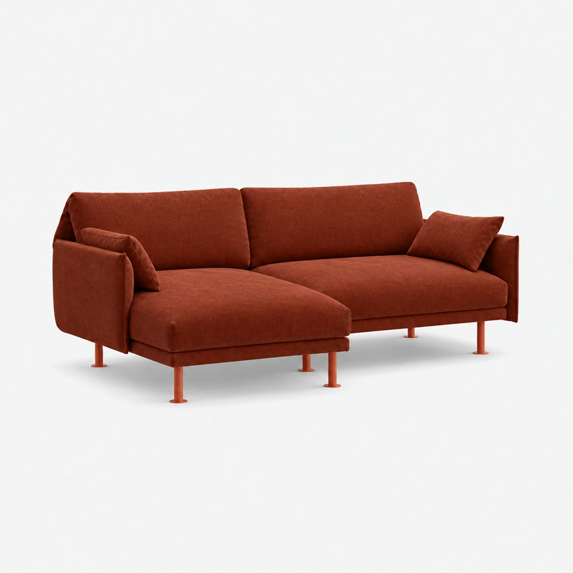 Rest 3 Seater Chaise Sofa - Rust Velvet, Brick Legs, Left Hand - 3/4 view