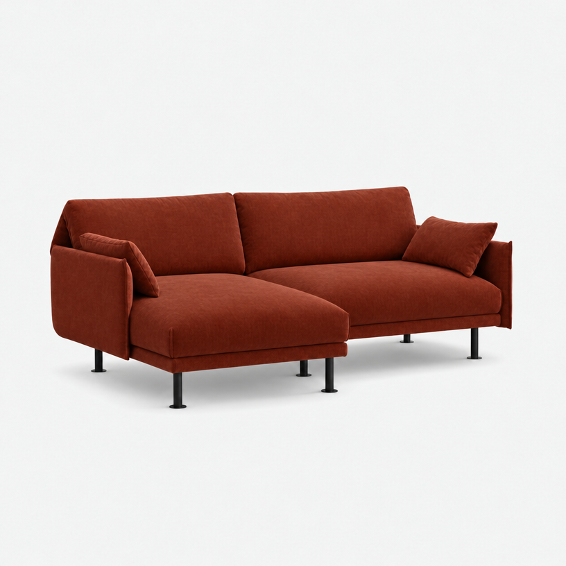 Rest 3 Seater Chaise Sofa - Rust Velvet, Black Legs, Left Hand - 3/4 view
