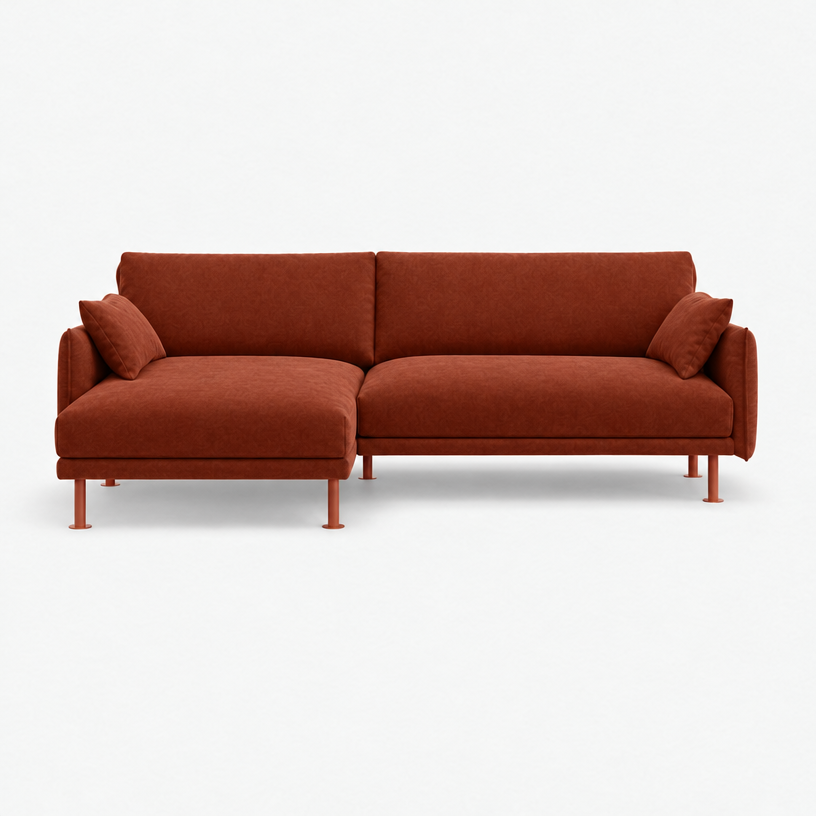Rest 3 Seater Chaise Sofa - Rust Velvet, Brick Legs, Left Hand - front