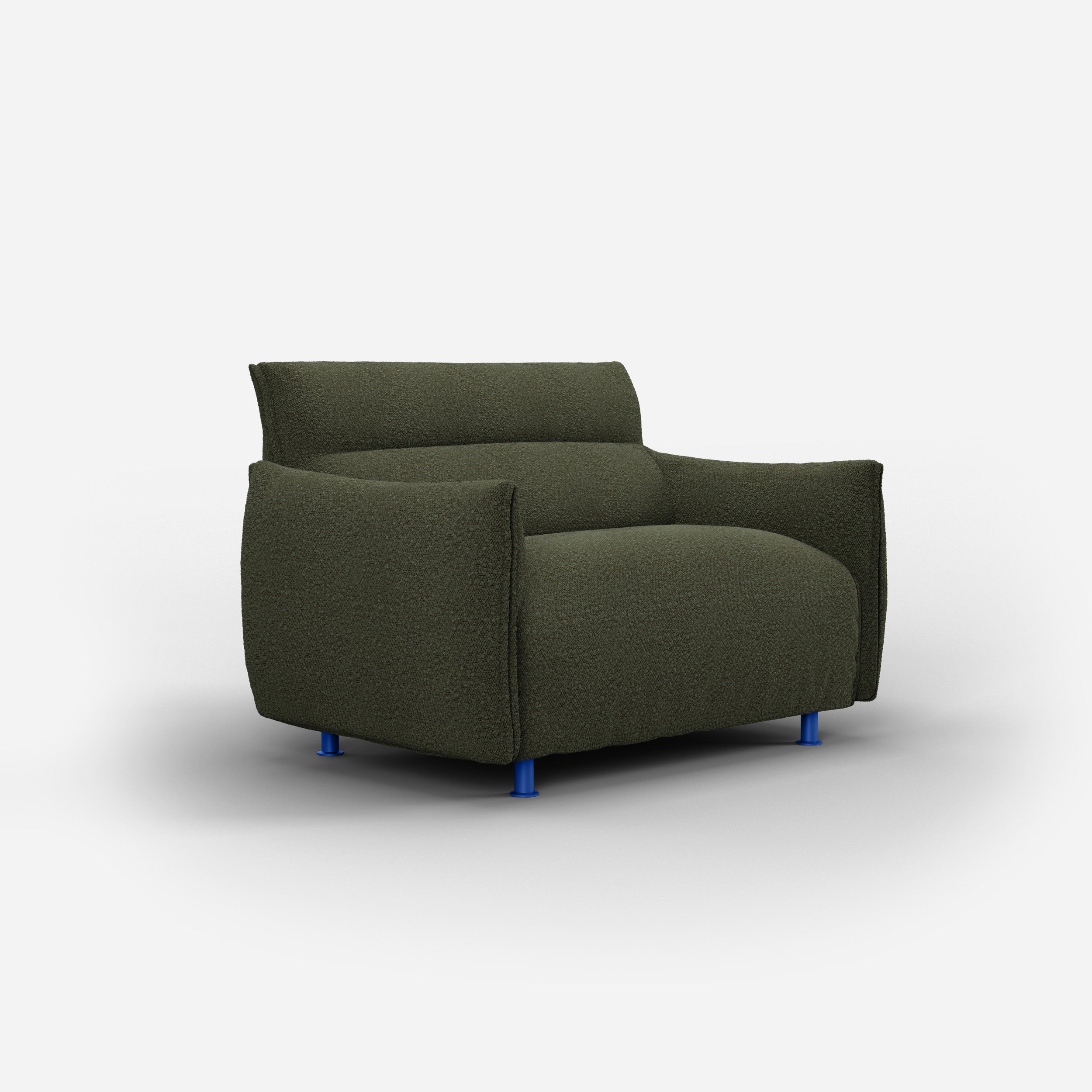 Cozmo Sofas - Hug 1.5 Seater Sofa (wide) - Green Boucle II - Cobalt Blue Legs - Side angle view