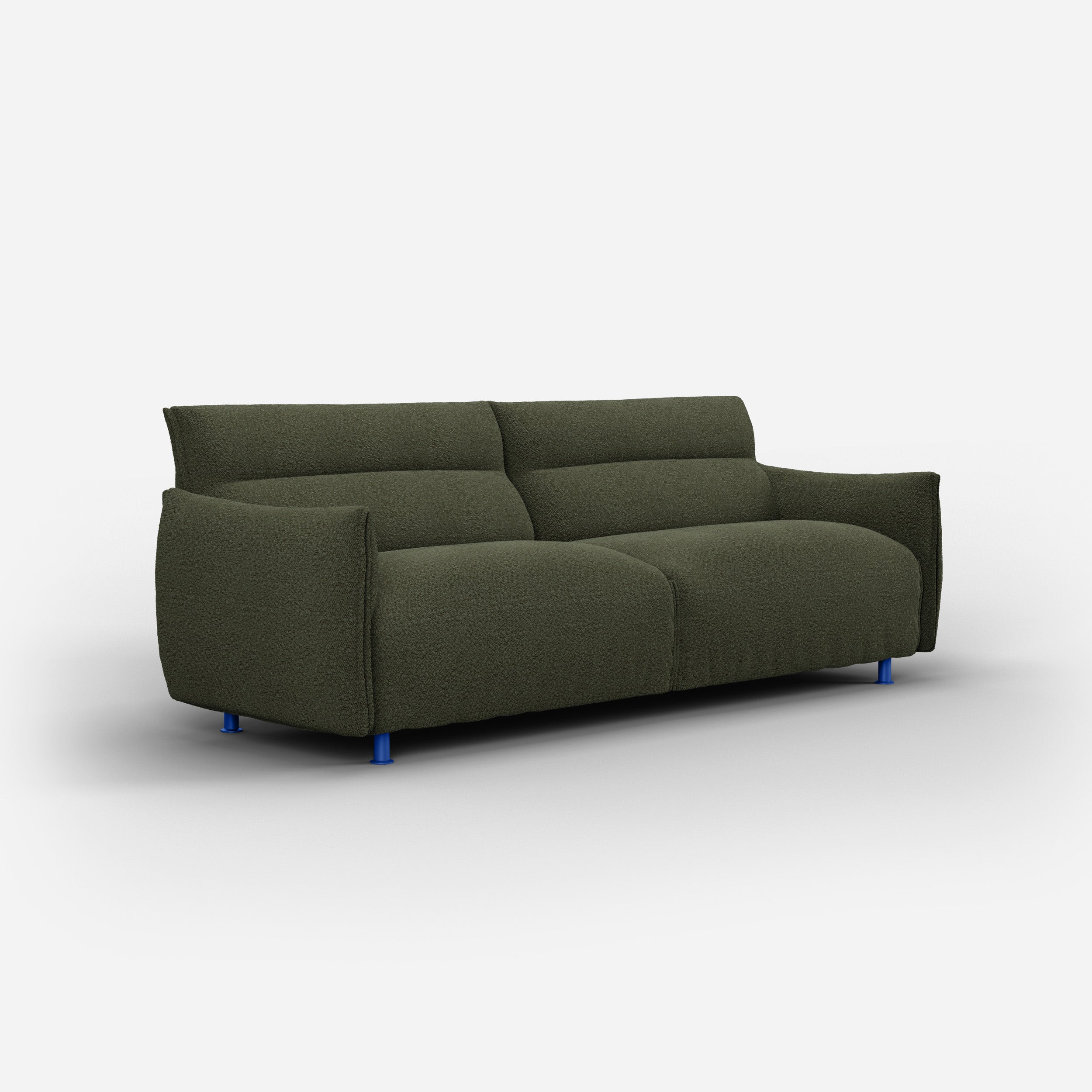 Cozmo Sofas - Hug 3 Seater Sofa (wide) - Green Boucle II - Cobalt Blue Legs - Side angle view