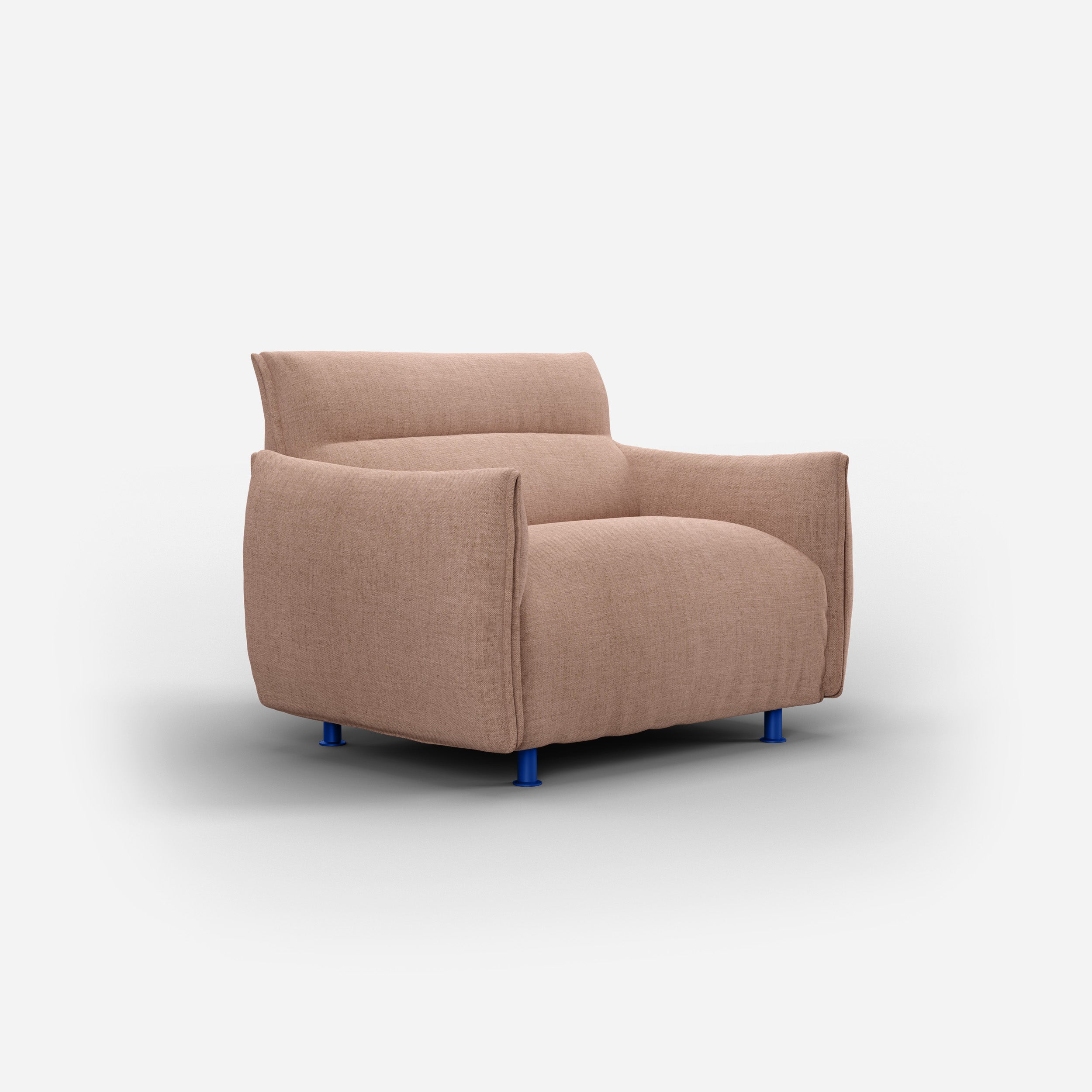 Cozmo Sofas - Hug Armchair (regular) - Mocha Chenille Weave - Cobalt Blue Legs - Side angle view