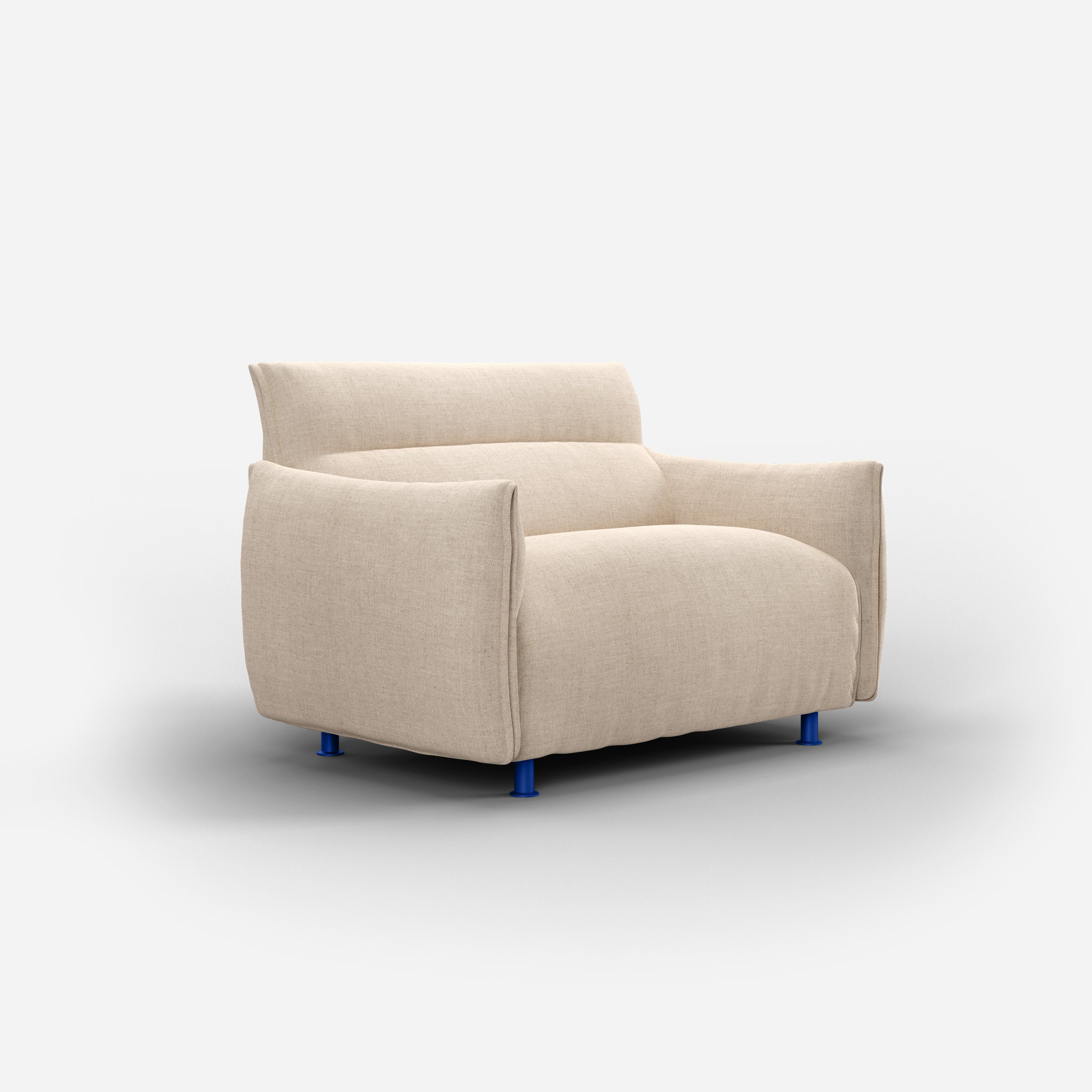 Cozmo Sofas - Hug 1.5 Seater Sofa (wide) - Cream Textured Weave - Cobalt Blue Legs - Side angle view