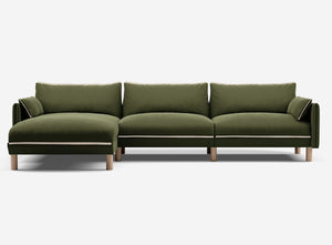 5 Seater Chaise Corner Left Hand Sofa | Velvet Dark Green - Cozmo @ Dark Green Velvet Jacket | Natural Trim