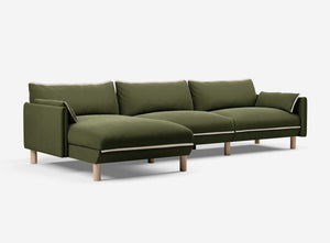 5 Seater Chaise Corner Left Hand Sofa | Velvet Dark Green - Cozmo @ Dark Green Velvet Jacket | Natural Trim