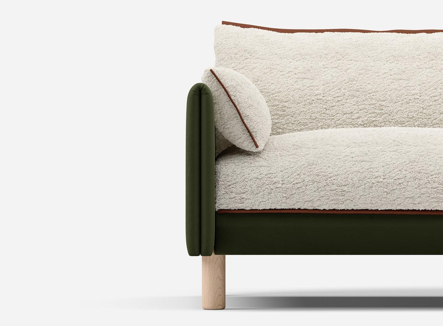 5 Seater Chaise Corner Right Hand Sofa | Velvet Dark Green - Cozmo @ Cream Fleece Jacket | Brick Trim