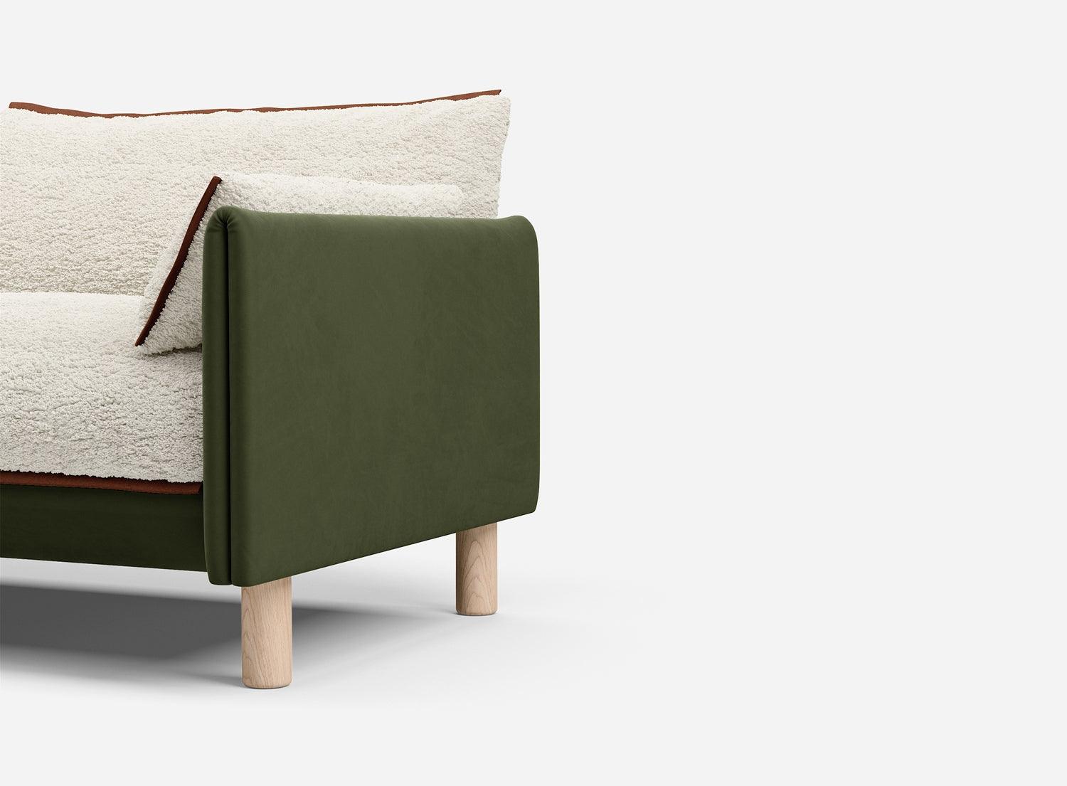 5 Seater Chaise Corner Right Hand Sofa | Velvet Dark Green - Cozmo @ Cream Fleece Jacket | Brick Trim
