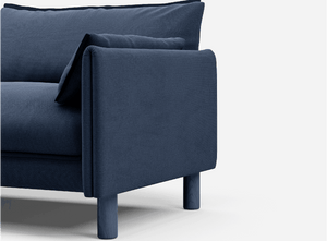 1.5 Seater Cozmo Sofa With Cotton Navy  and Fleece Navy Jacket Front Angled View @ Navy Cotton Jacket | Dark Blue Trim