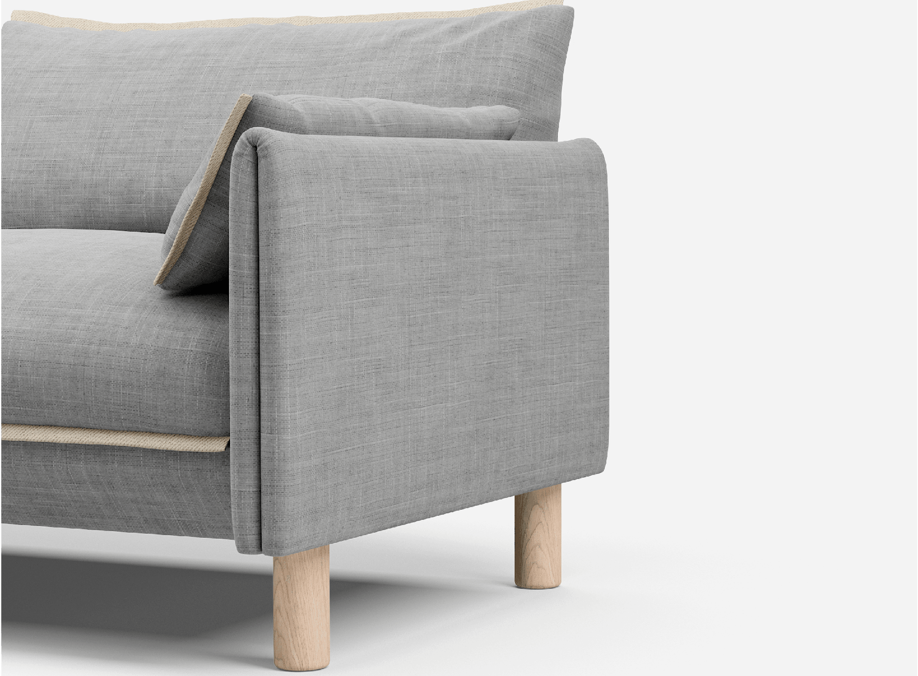 1 seater cozmo sofa Weave light gray with weave light gray jacket front half angled view @ Light Grey Weave Jacket | Natural Trim