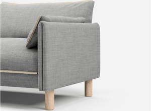 3 seater cozmo sofa weave light gray with weave light gray jacket front 1/3 angled view @ Light Grey Weave Jacket | Natural Trim