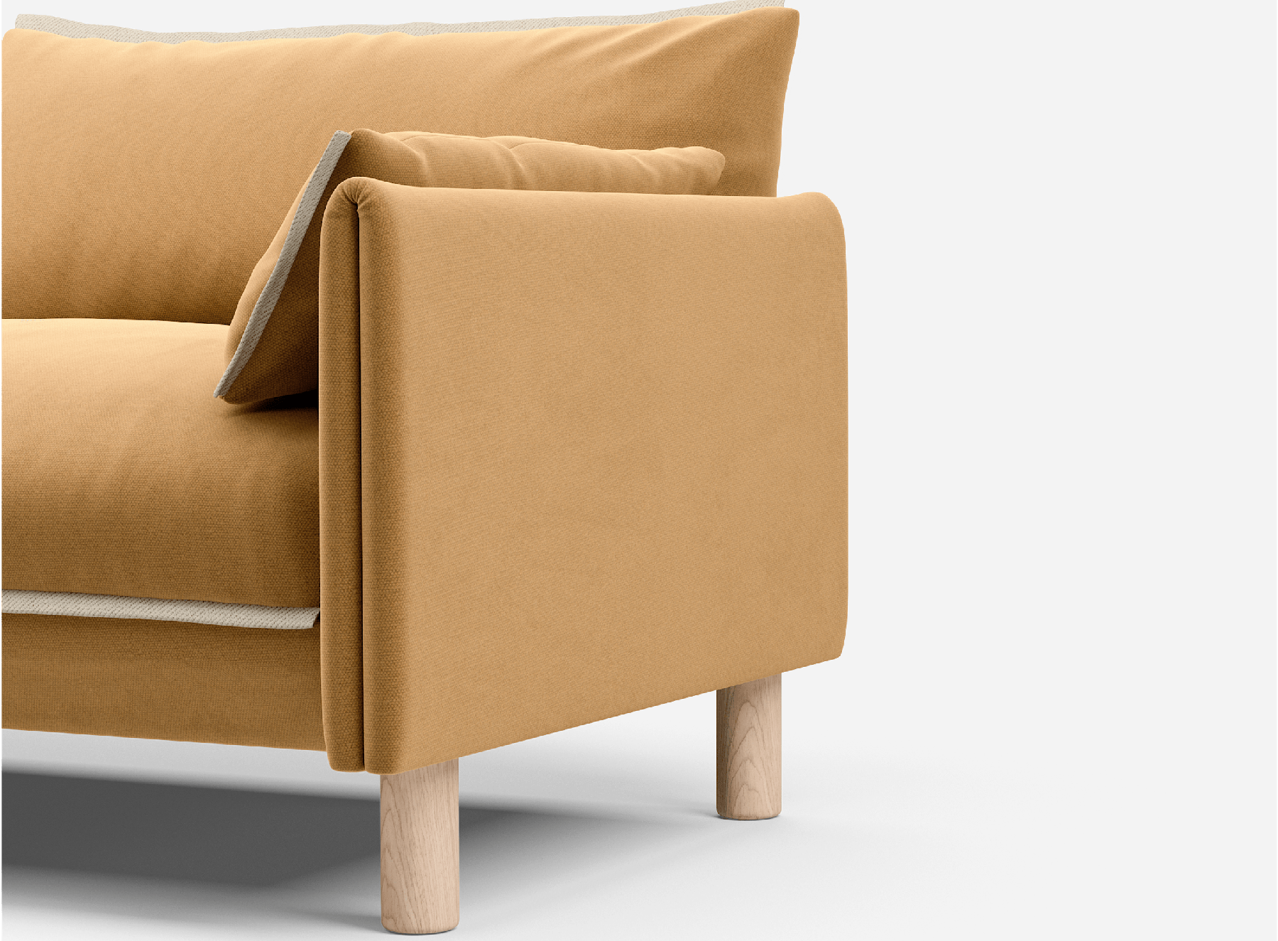 3 seater cozmo sofa cotton Ochre with cotton Ochre jacket front 1/3 angled view @ Ochre Cotton Jacket | Natural Trim