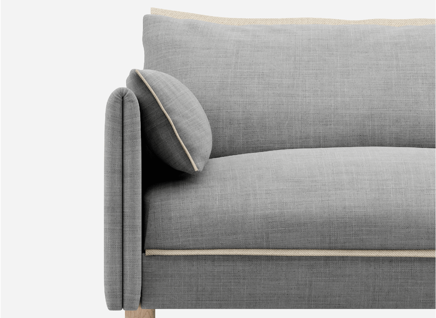 3 seater cozmo sofa weave light gray with weave light gray jacket front 1/3 view @  Light Grey Weave Jacket | Natural Trim