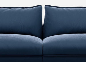 3 seater cozmo sofa velvet midnight blue with velvet midnight blue jacket front middle view @ Midnight Blue Velvet Jacket | Dark Blue Trim