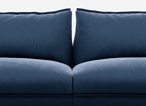 3 seater cozmo sofa velvet midnight blue with velvet midnight blue jacket front middle view @ Midnight Blue Velvet Jacket | Dark Blue Trim